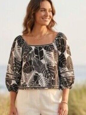 Cynthia Rowley 100% Linen Tropical Puff Sleeve Peasant Square Neck Top Size S